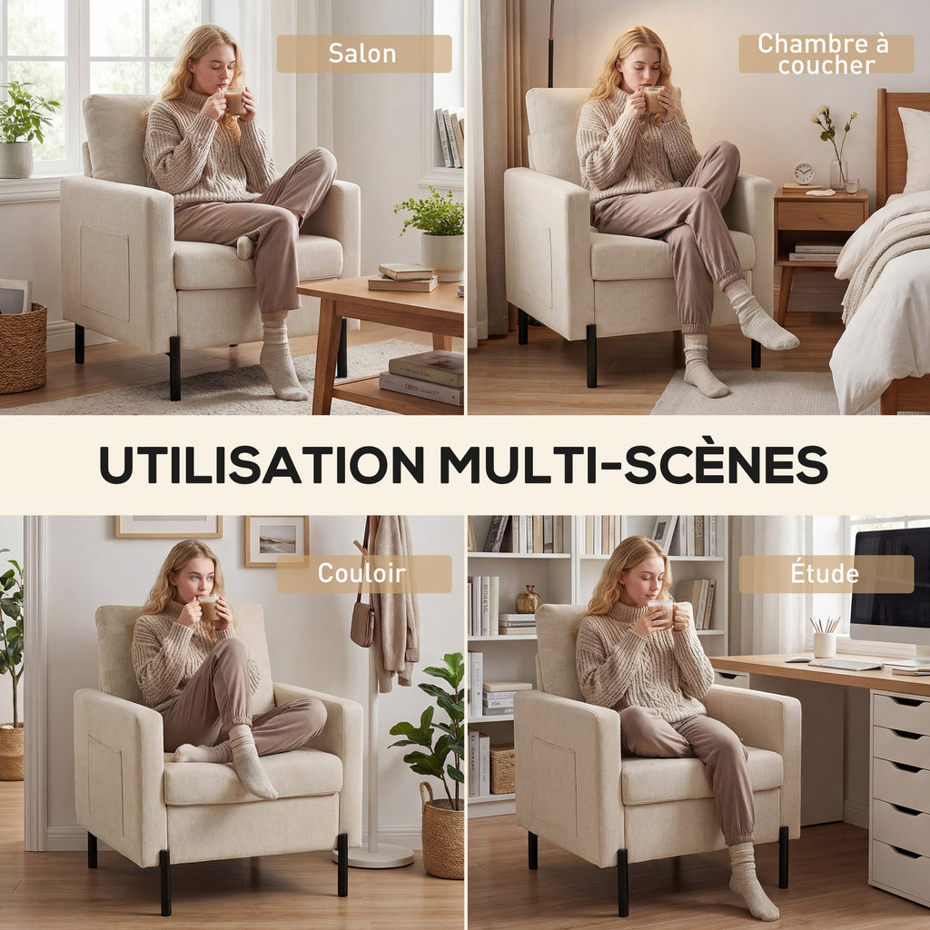 Fauteuil de salon, canapé 1 place rembourré avec accoudoirs, assise large et pieds en acier, 73 x 77 x 87 cm, beige