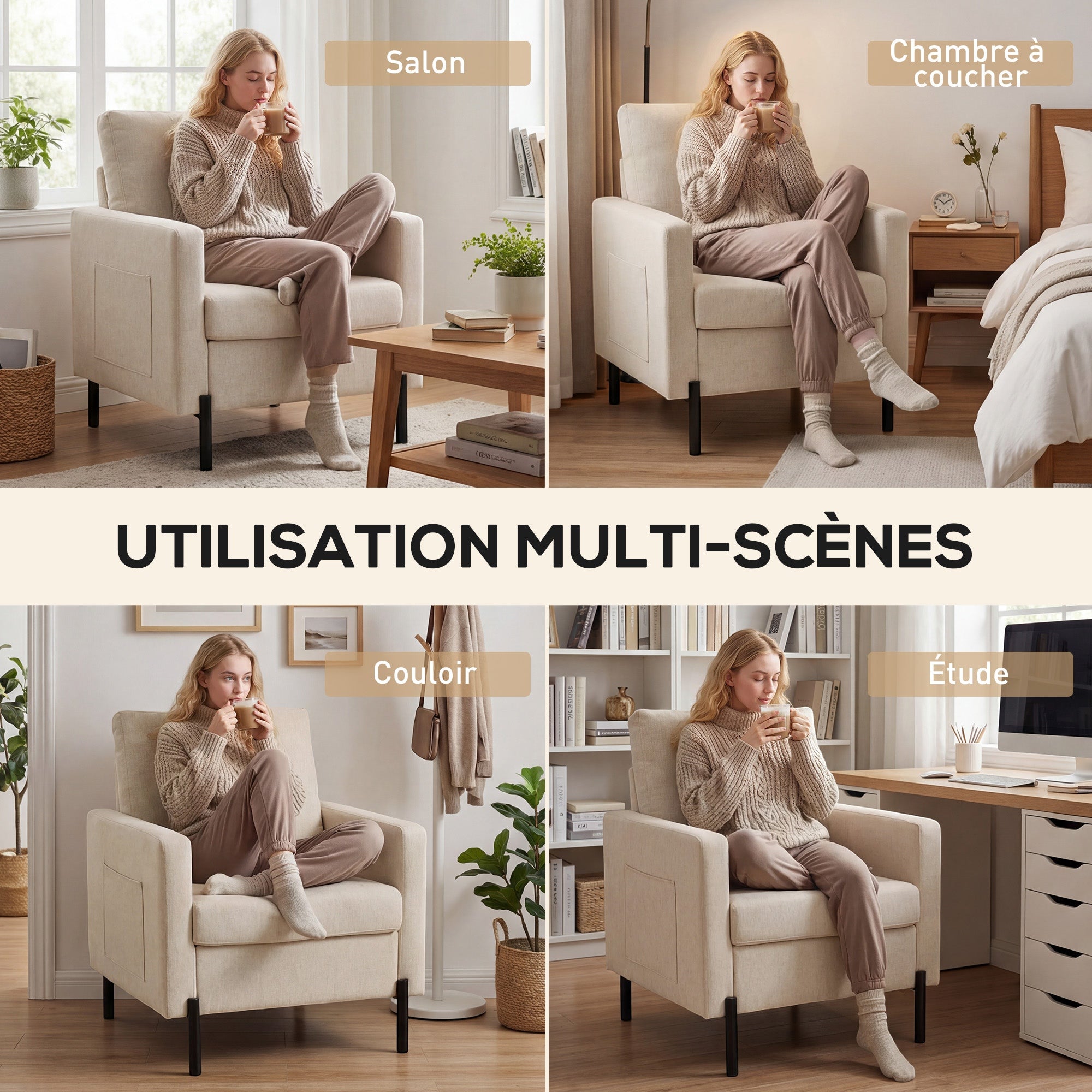 Fauteuil de salon, canapé 1 place rembourré avec accoudoirs, assise large et pieds en acier, 73 x 77 x 87 cm, beige