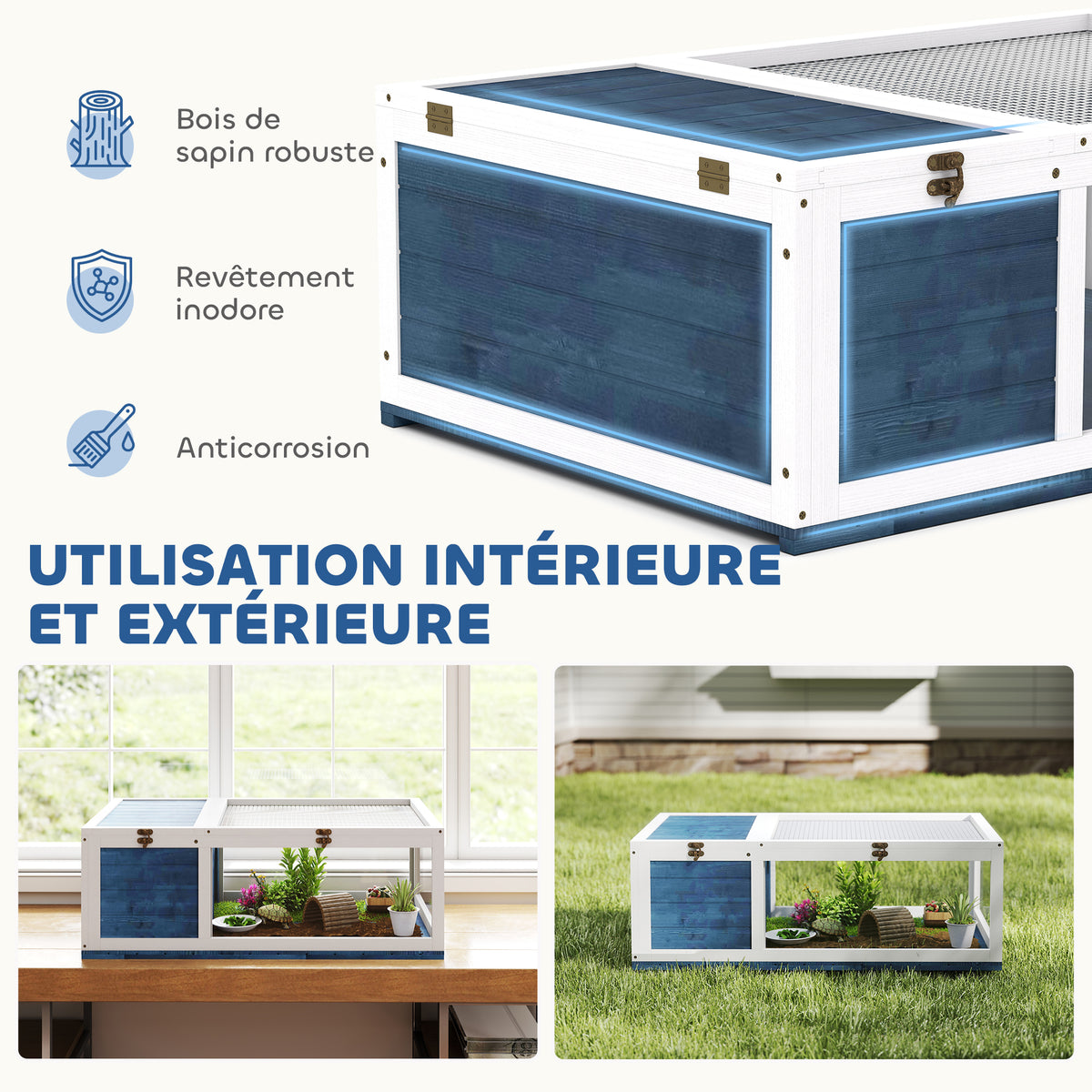 Maison enclos cage habitat pour petit animal tortues avec 2 espaces 91 x 60,5 x 32 cm bois massif bleu