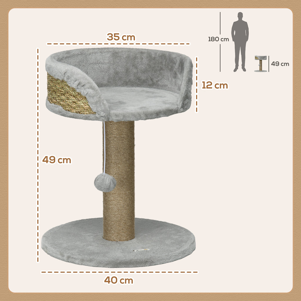 Arbre à chat arbre à grimper grattoir design jeu pompon suspendu + plateforme peluche 40 x 40 x 49 cm jute gris