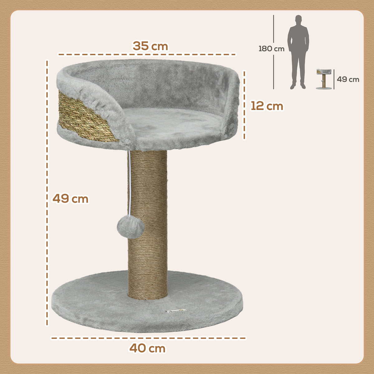 Arbre à chat arbre à grimper grattoir design jeu pompon suspendu + plateforme peluche 40 x 40 x 49 cm jute gris