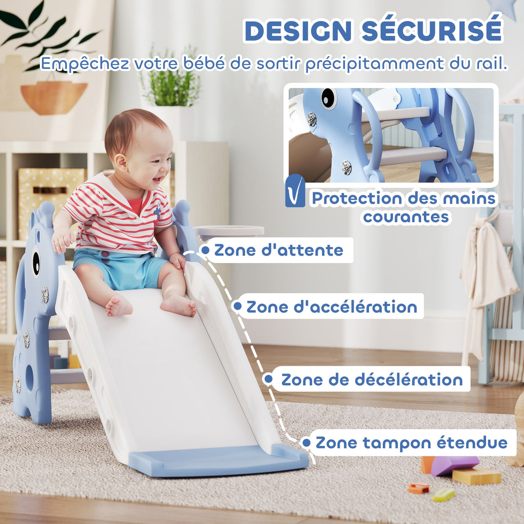 Toboggan pour enfants 3 en 1 en forme de girafe avec panier de basket, escalade et ballon, 106 x 51,5 x 52 cm, bleu