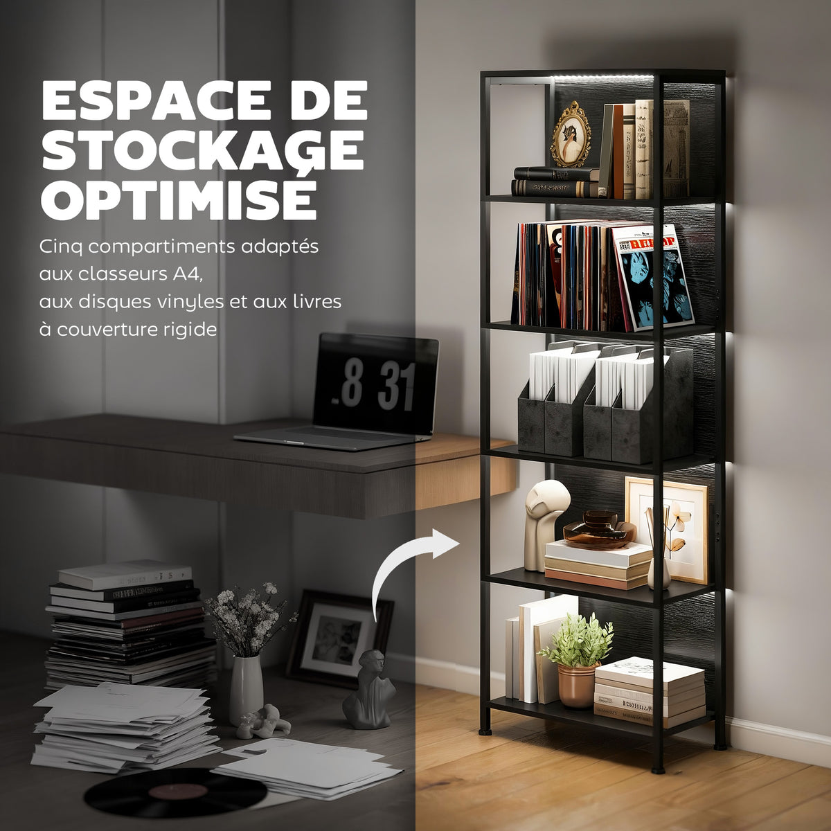 Bibliothèque étagère de rangement à 5 niveaux avec éclairage LED 7 couleurs, structure en acier, 60 x 30 x 179 cm, noir