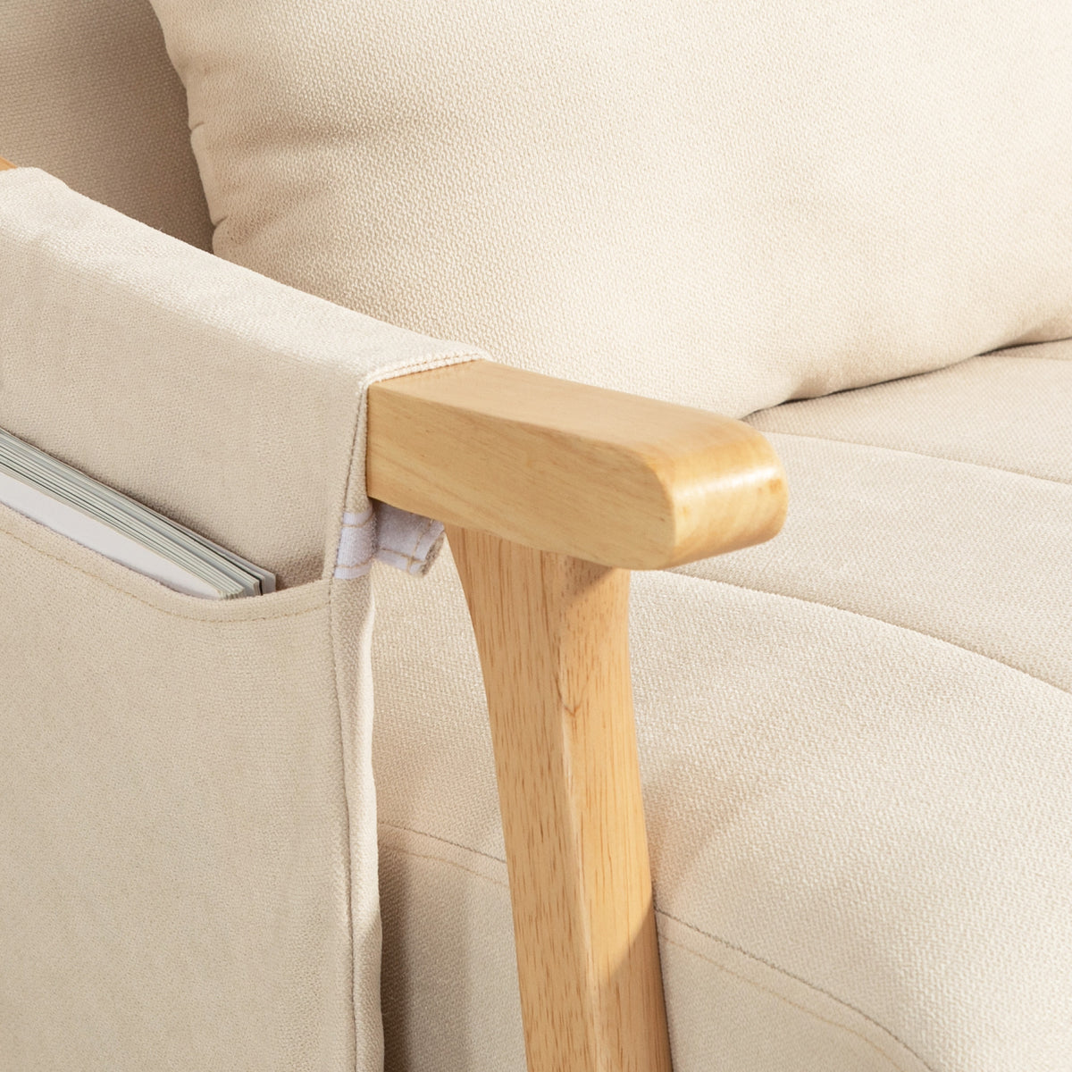 Fauteuil à bascule, Rocking Chair en Tissu Efft Lin, Coussin Lombaire, Assise Rembourrée, Pieds en Bois d'Hévéa, Beige