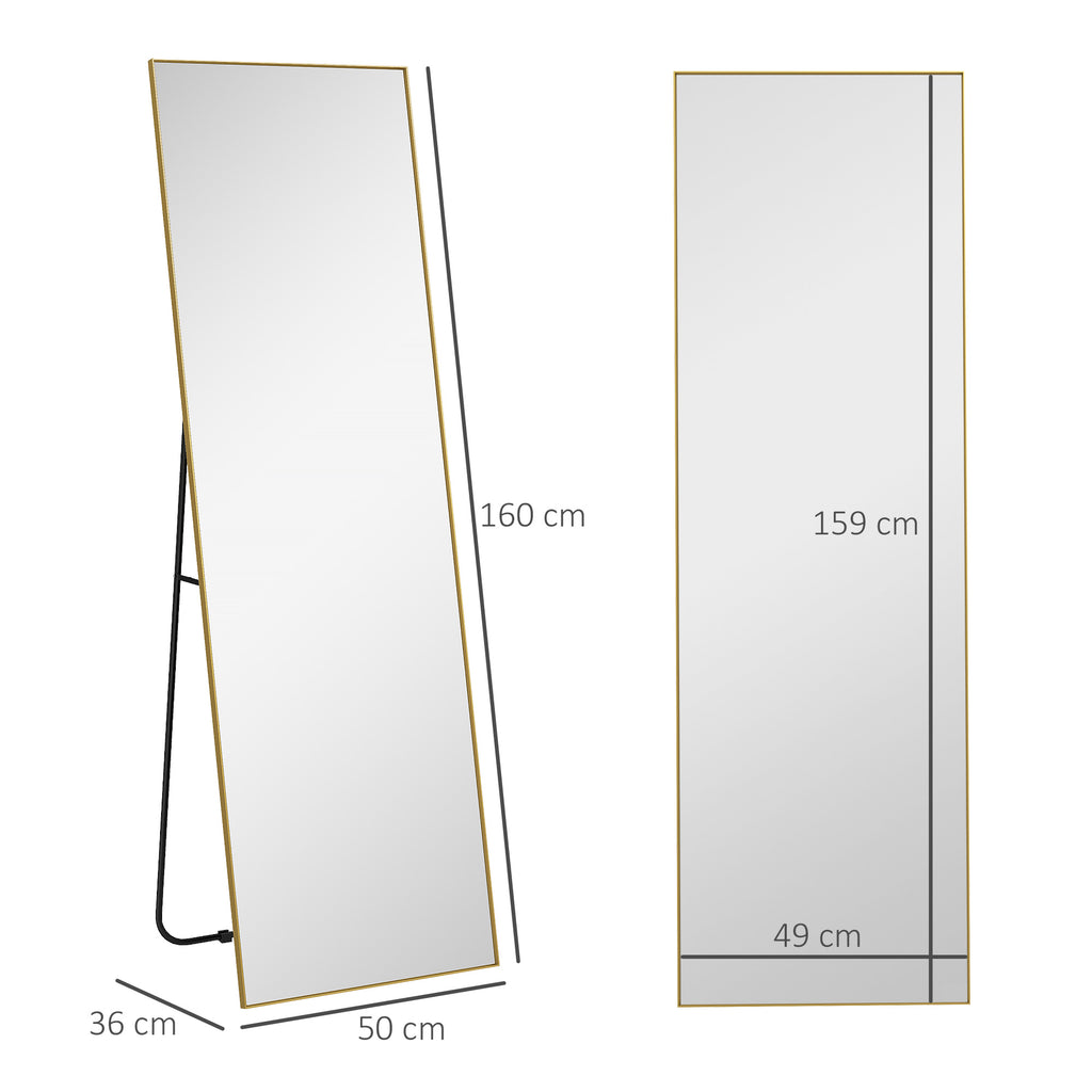 Grand miroir pleine longueur rectangulaire, 50 x 160 cm, miroir sur pied, mural ou pocé contre mur, doré