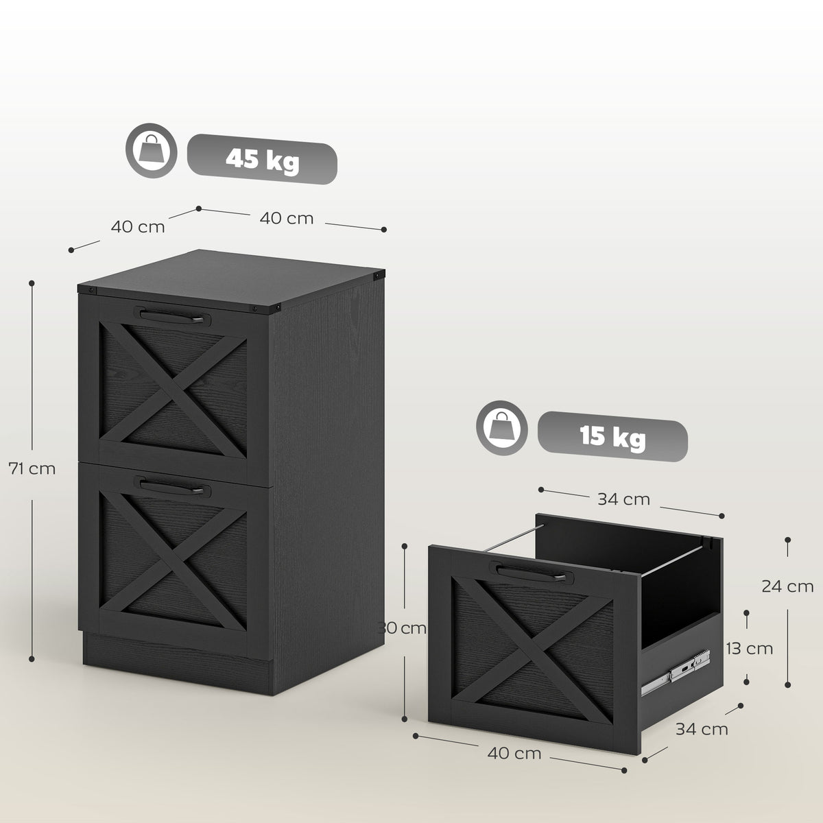 Caisson de Bureau avec 2 Tiroirs, Dossiers Suspendus pour Formats Lettre/A4, Style Rustique, 40x40x71cm, Noir