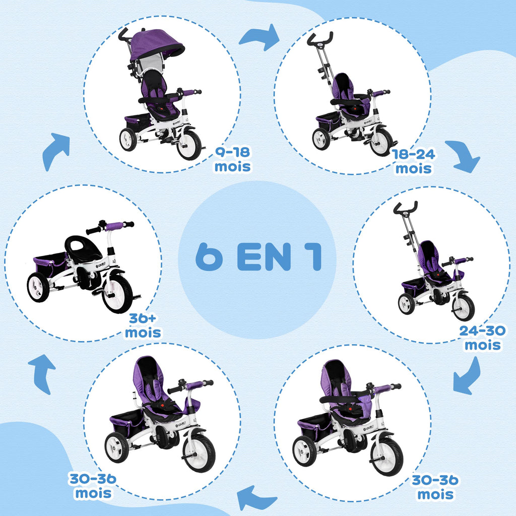 Tricycle enfant évolutif pare-soleil pliable canne télescopique amovible 95 x 50 x 106 cm acier violet blanc