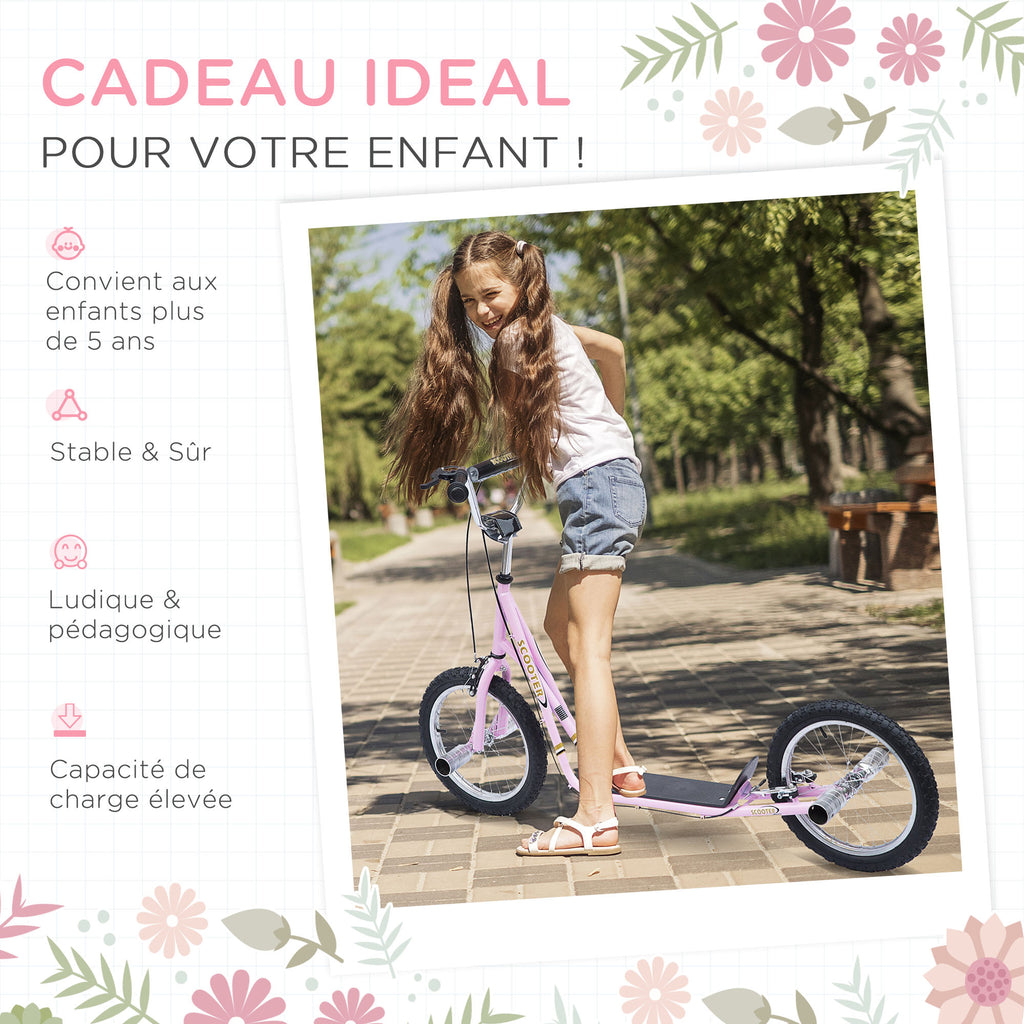 Trottinette patinette Grandes Roues pneumatiques Ø 41 cm avec pegs Rose