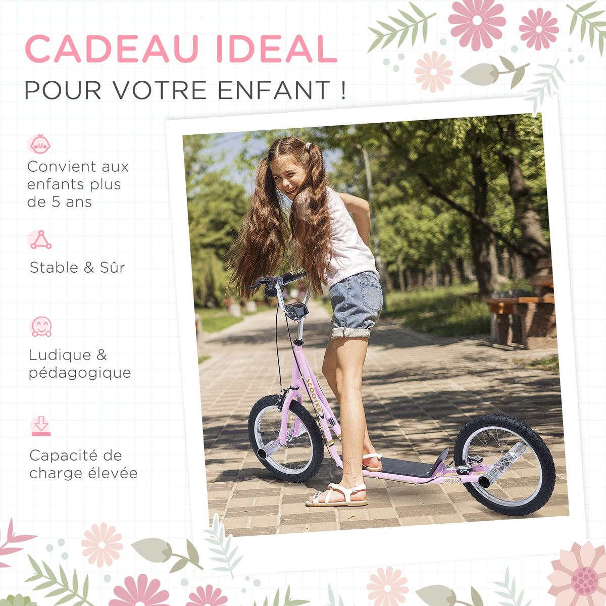 Trottinette patinette Grandes Roues pneumatiques Ø 41 cm avec pegs Rose