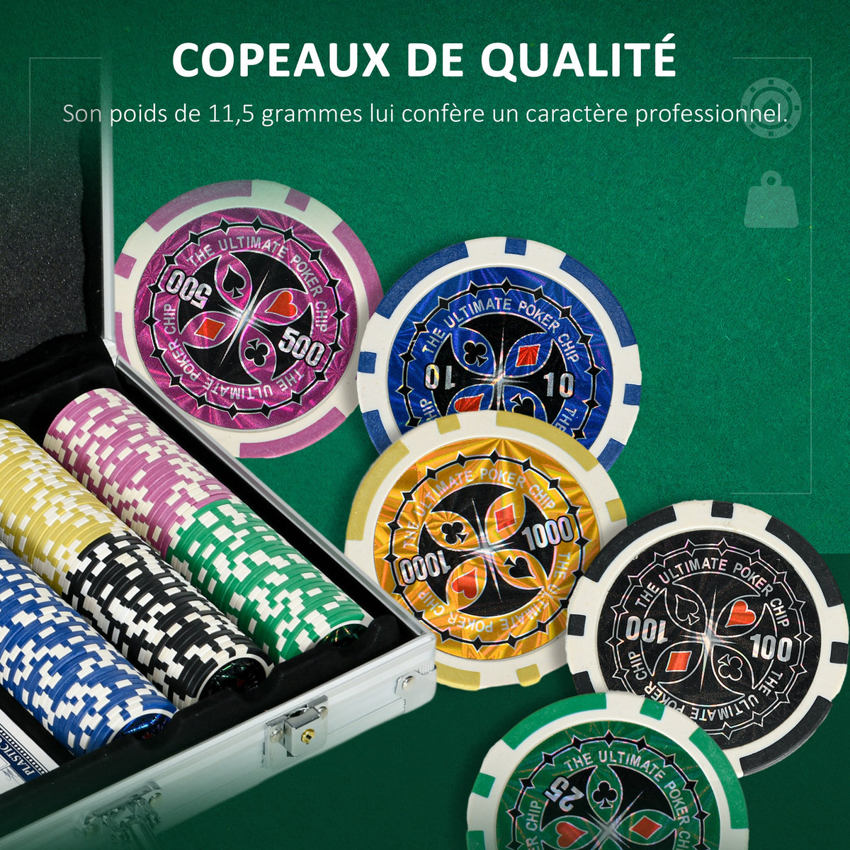 Mallette de Poker Coffret de Poker Complet, verrouillable, avec 300 jetons 2 Jeux de Cartes 3 boutons 1 Tapis en Feutre