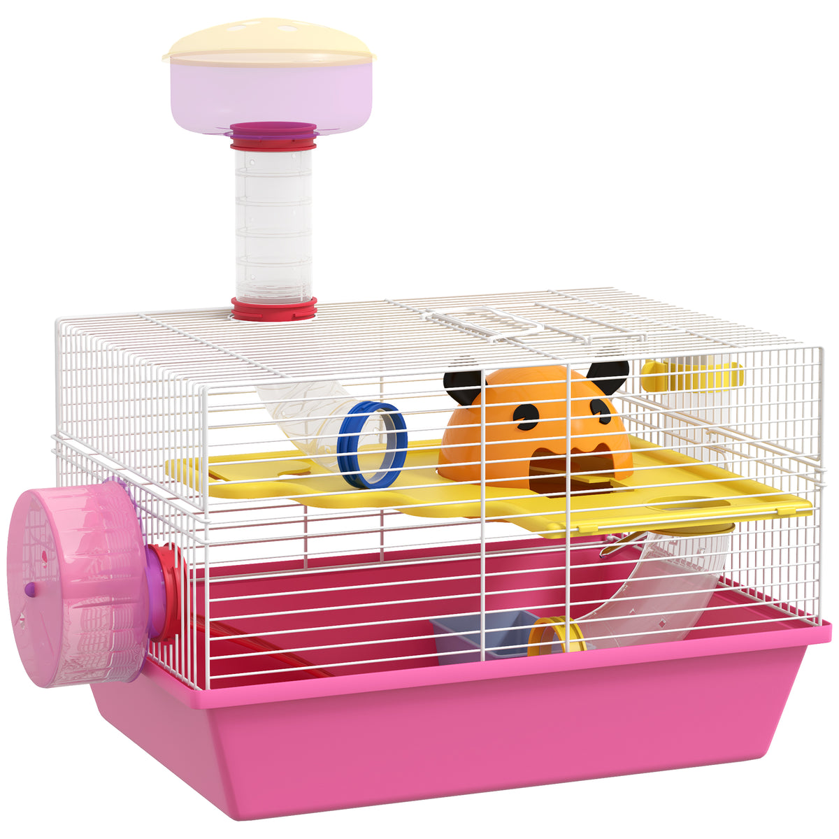 Cage à hamster rat rongeur multicolore avec plateforme, biberon eau, roue, maisonnette, 34 x 27 x 25 cm, rose