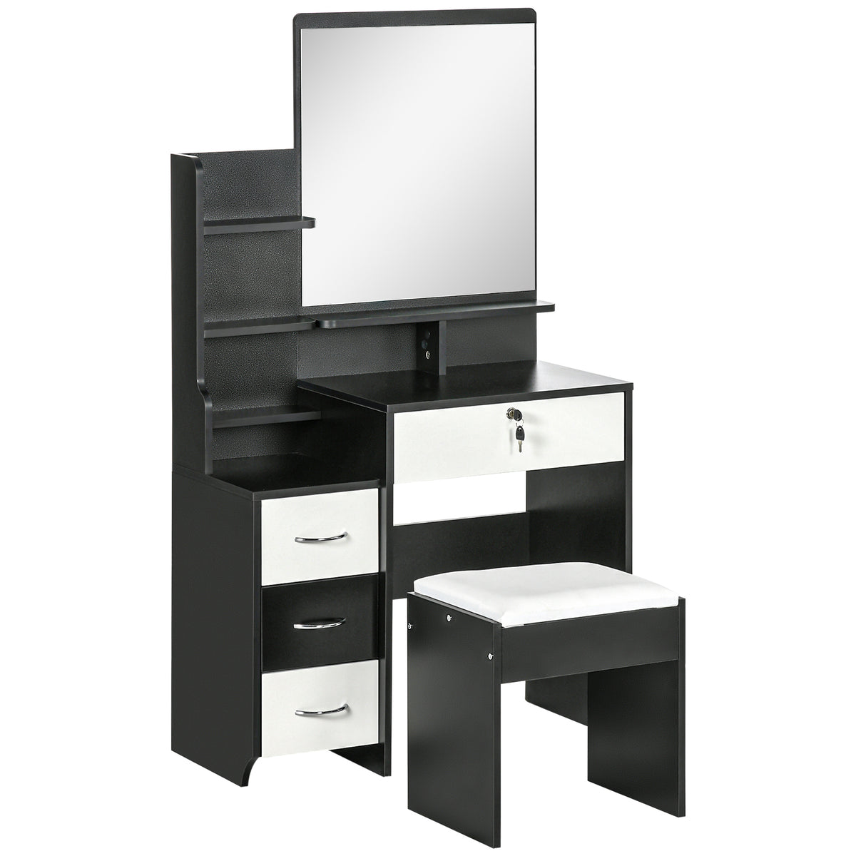 Ensemble de coiffeuse table de maquillage avec tabouret rembourré grand miroir + plusieurs étagères ouvertes + 4 tiroirs blanc noir