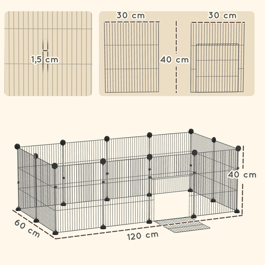 Enclos pour petits animaux, cage à lapin modulable 12 panneaux avec tapis étanche, en acier, 120 x 60 x 40 cm, noir