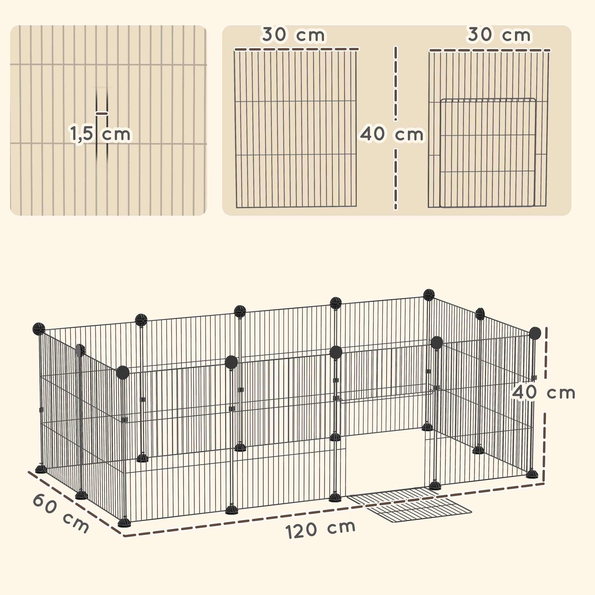 Enclos pour petits animaux, cage à lapin modulable 12 panneaux avec tapis étanche, en acier, 120 x 60 x 40 cm, noir