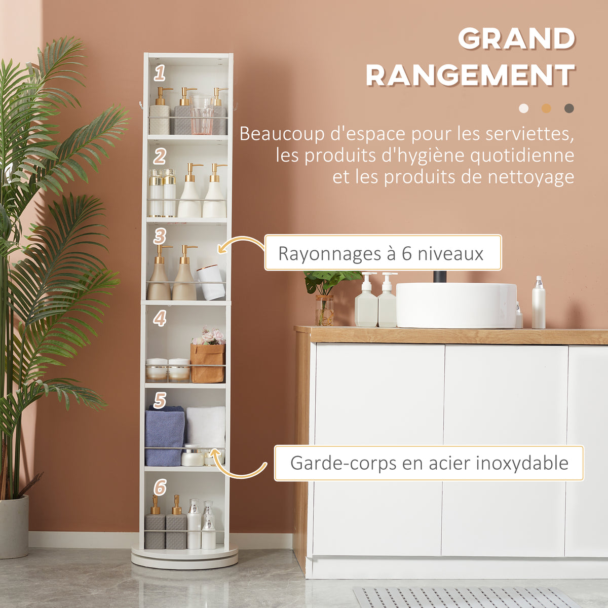 Meuble colonne de salle de bain pivotant avec miroir 6 étagères 36 x 36 x 171 cm blanc
