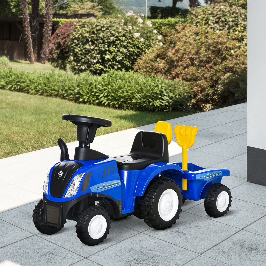 Porteur tracteur enfants avec coffre amovible, râteau et pelle, voiture enfants avec lumière LED et klaxon, bleu