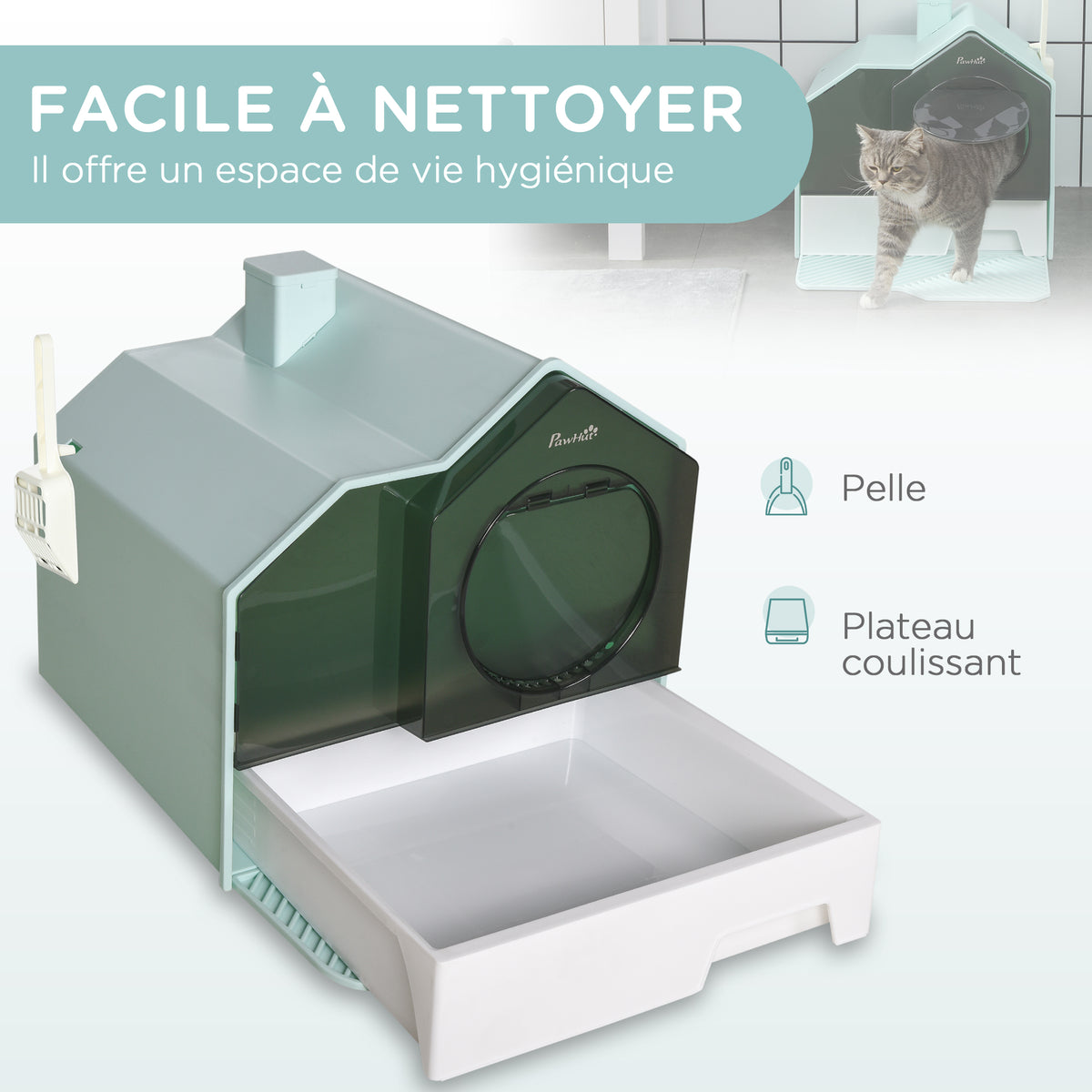 Maison de toilette bac à litière pour chat design maisonnette avec pelle, filtre et tapis dim. 47L x 45l x 42H cm bleu