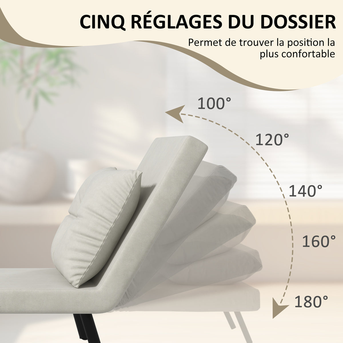 Fauteuil convertible 4 en 1 lit 1 place dossier 5 positions, accoudoirs en bois et coussin, tissu effet velours, crème