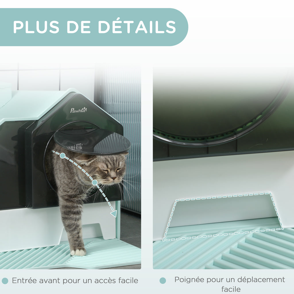 Maison de toilette bac à litière pour chat design maisonnette avec pelle, filtre et tapis dim. 47L x 45l x 42H cm bleu