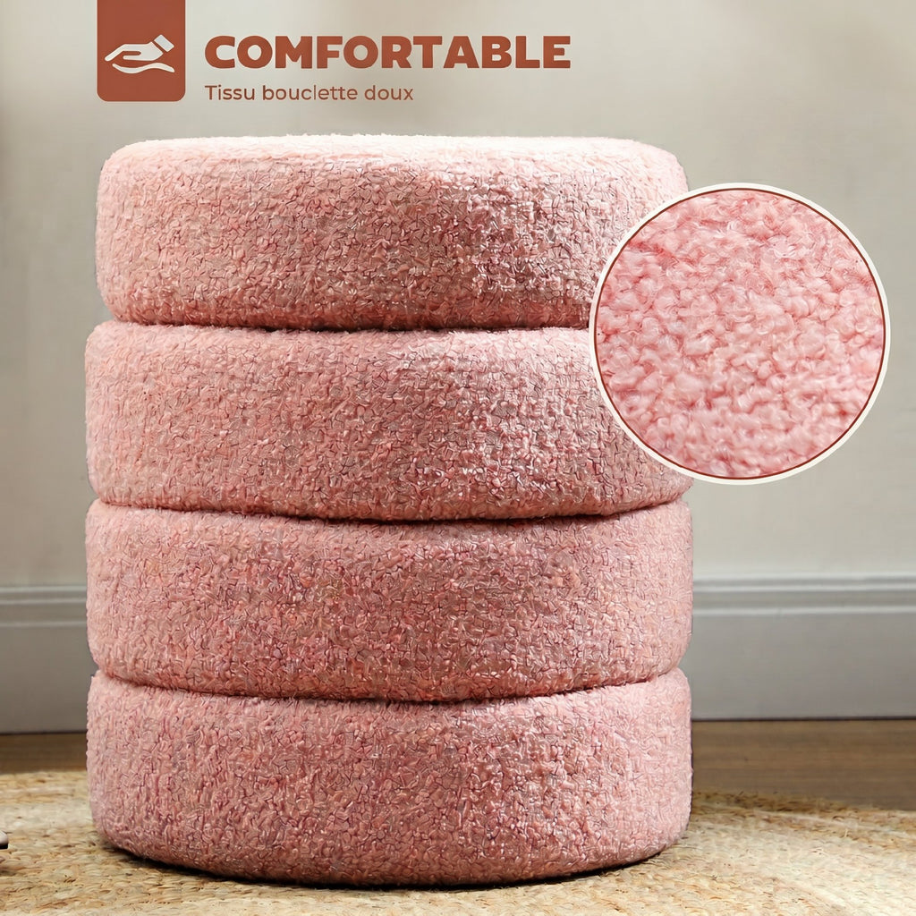 Repose pied salon, tabouret ottoman rond rembourré en peluche Teddy, pour chambre à coucher, entrée, Ø 40 x 45 cm, rose