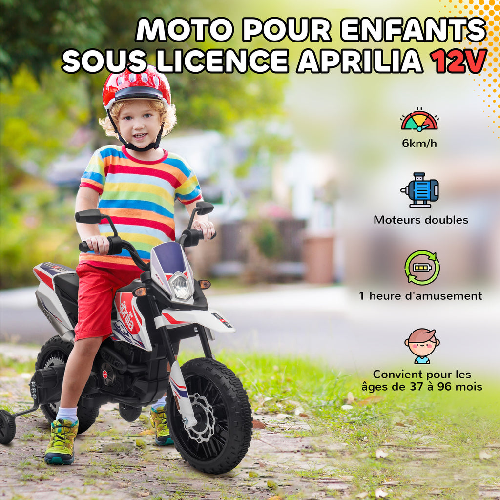 Moto électrique enfants sous licence Aprilia avec 2 moteurs 12V, roues d'entraînement, lumière LED, musique - blanc