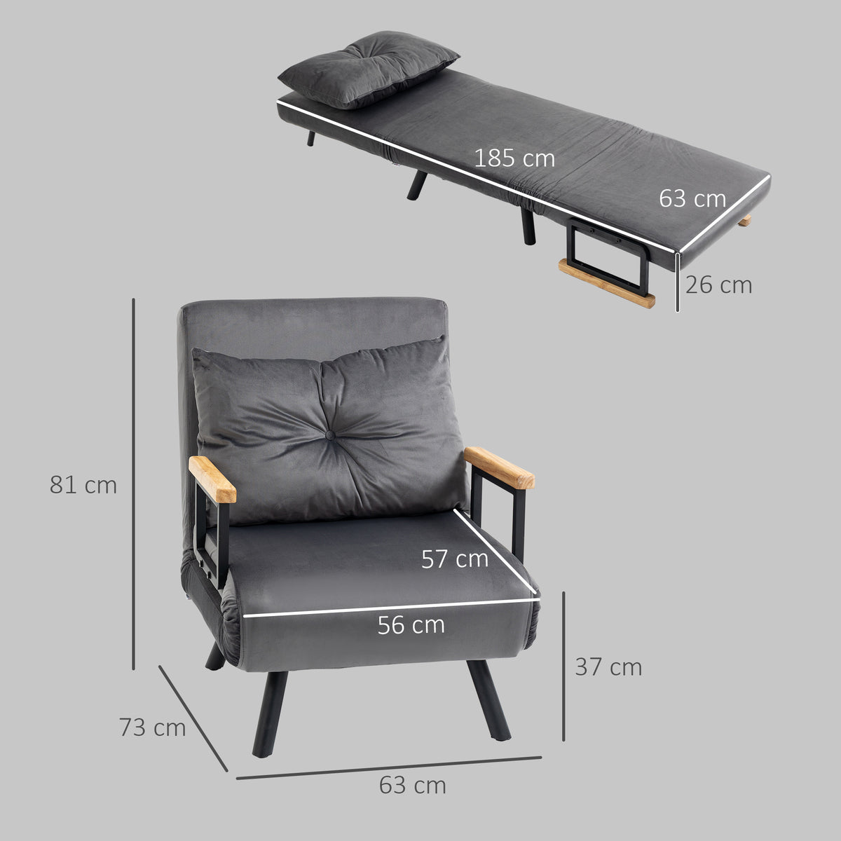 Fauteuil convertible 1 place fauteuil-lit chauffeuse 3 en 1 dossier réglable oreiller tissu velours 63x73x81cm gris