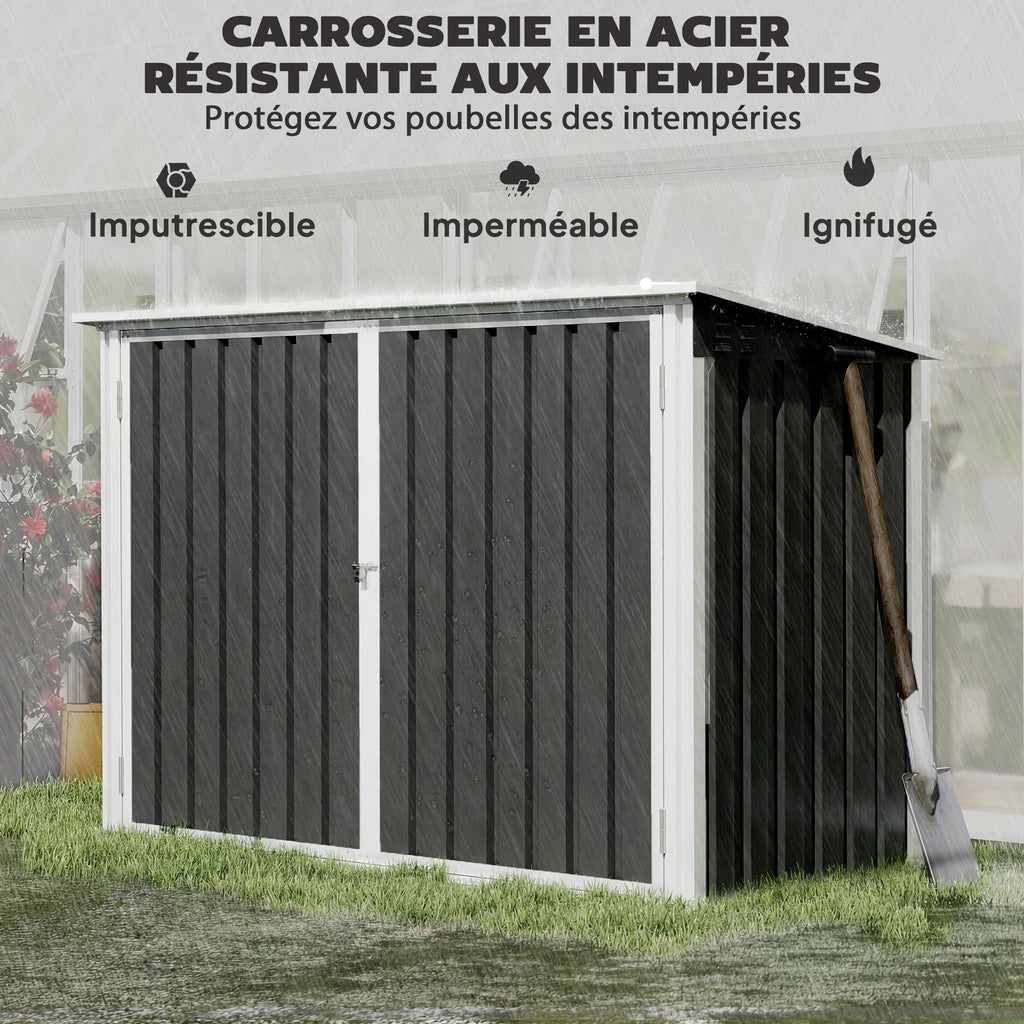 Cache Poubelle Double Abri de Jardin 2 Poubelles de 240L Couvercle Lié par Chaînes Vérins à Gaz 179,5x108x129,5cm Gris