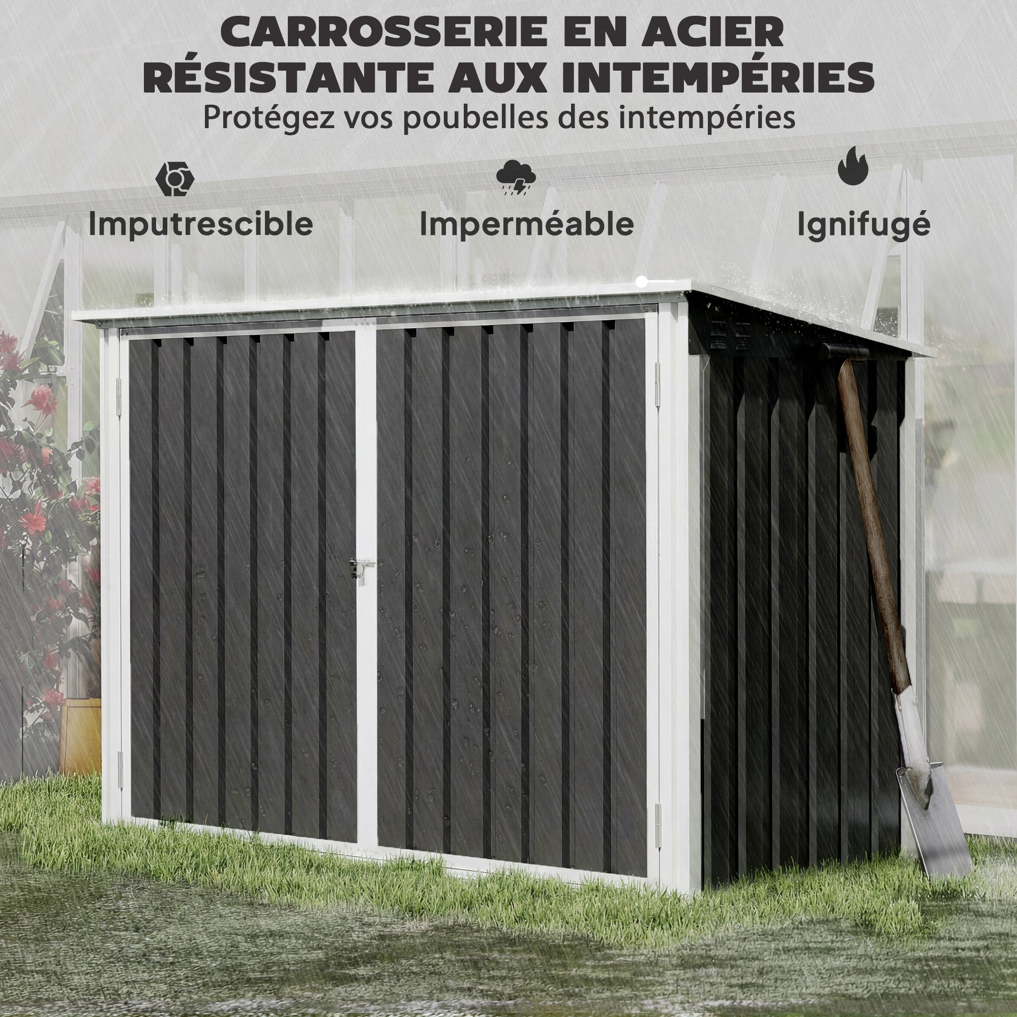 Cache Poubelle Double Abri de Jardin 2 Poubelles de 240L Couvercle Lié par Chaînes Vérins à Gaz 179,5x108x129,5cm Gris