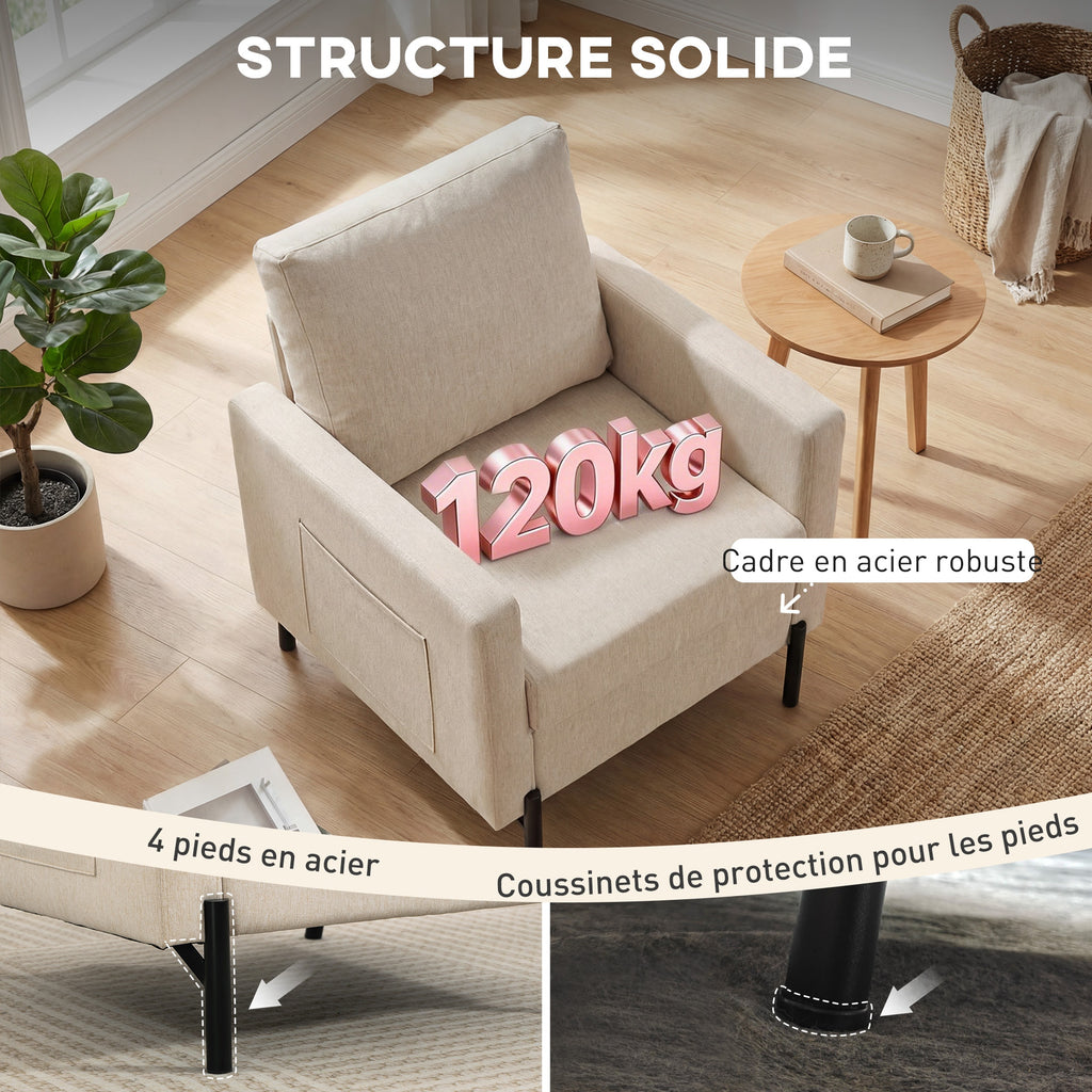 Fauteuil de salon, canapé 1 place rembourré avec accoudoirs, assise large et pieds en acier, 73 x 77 x 87 cm, beige