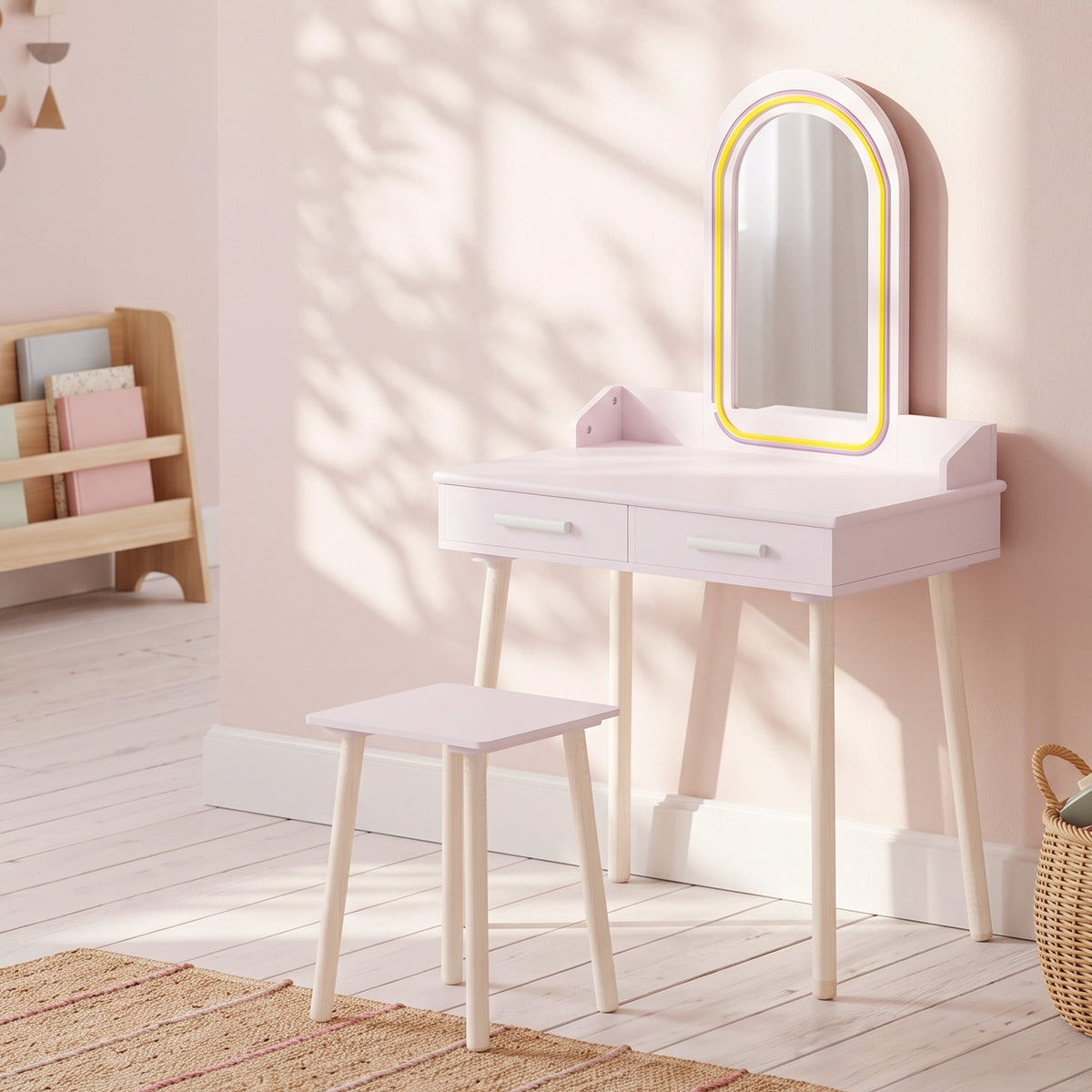 Coiffeuse Enfant en Bois avec Miroir LED 3 Couleurs, Tabouret, Tiroir et Plateau Spacieux, 60x36x100cm, 3 à 8 Ans, Rose