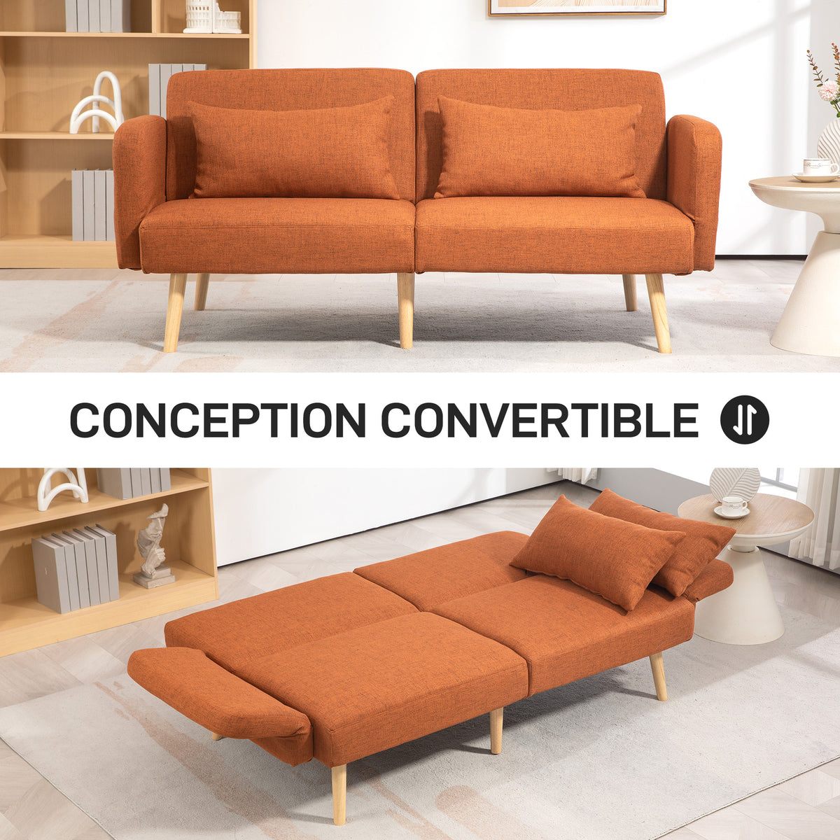 Canapé convertible 3 places design clic clac dossier inclinable et accoudoirs réglables tissu effet lin marron
