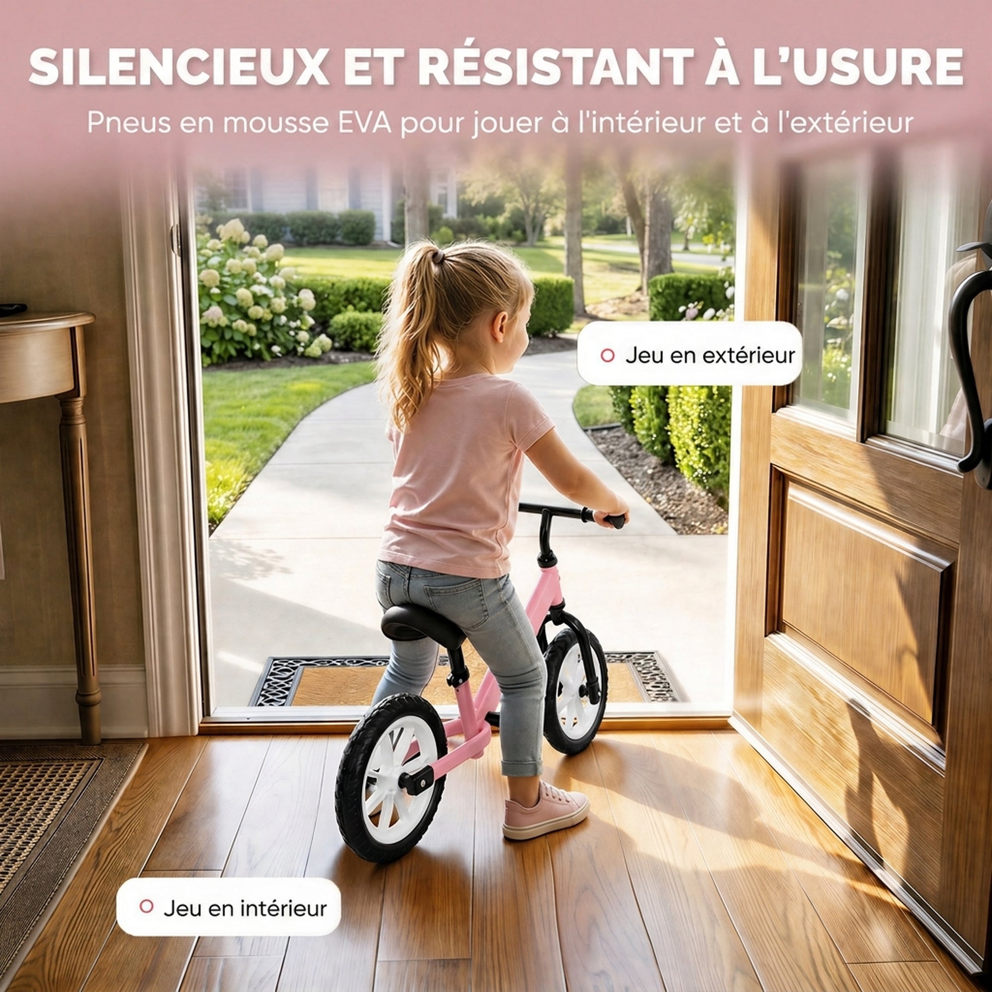 Draisienne Enfant 2-5 Ans, Roues Lumineuses, Siège Guidon Réglables, Pneus EVA Silencieux, Charge 50kg, 84x40x57cm, Rose