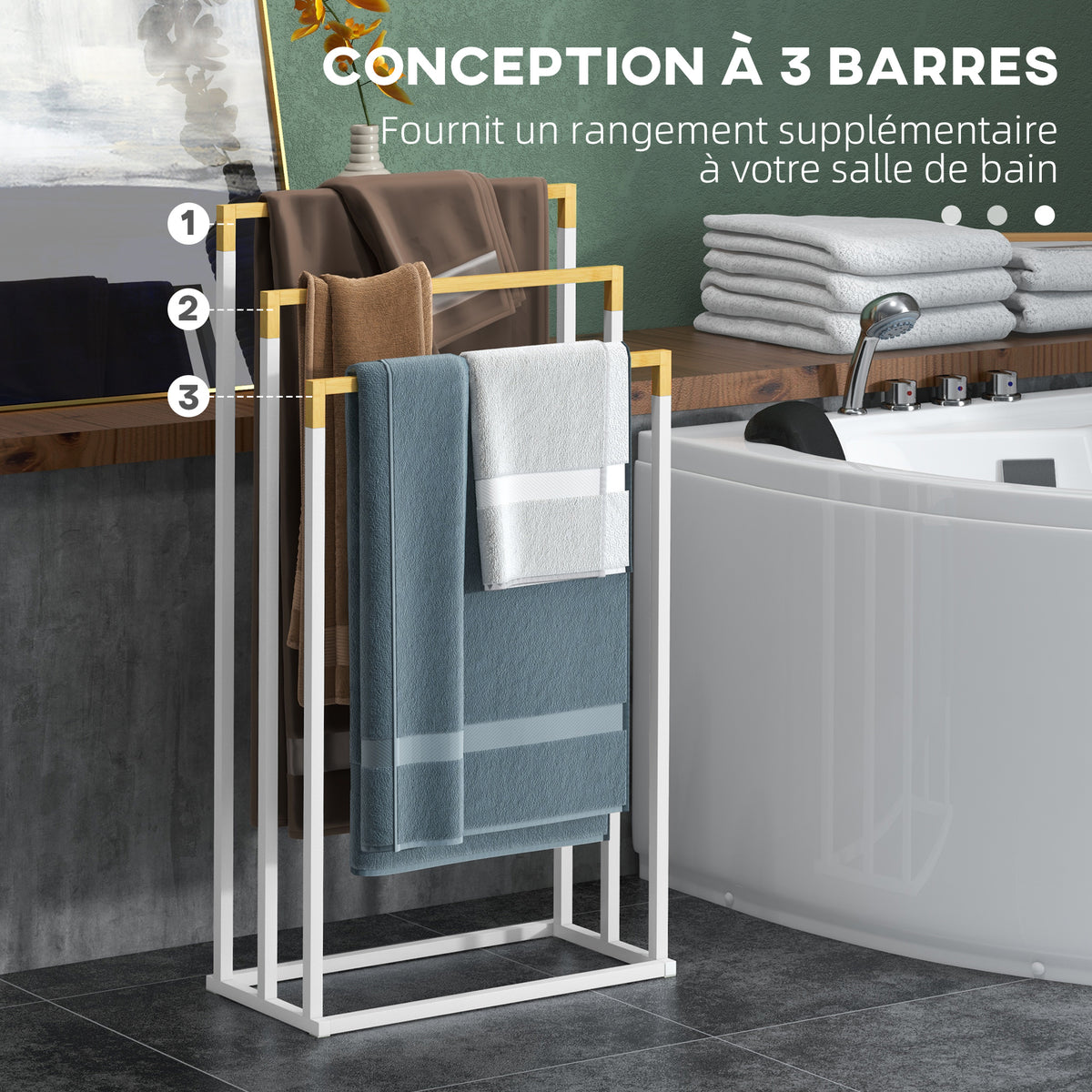 Porte-serviettes en bambou et acier sur pieds avec 3 barres support pour serviette 45 x 22,5 x 86 cm blanc et naturel