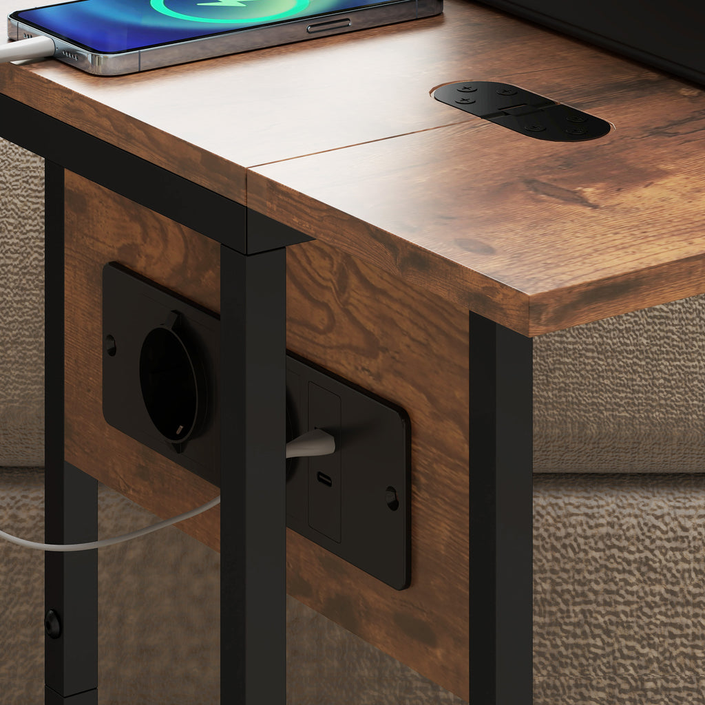 Table d'appoint bout de canapé avec station de charge, plateau pliable, 39 x 29 x 57 cm, brun rustique et noir