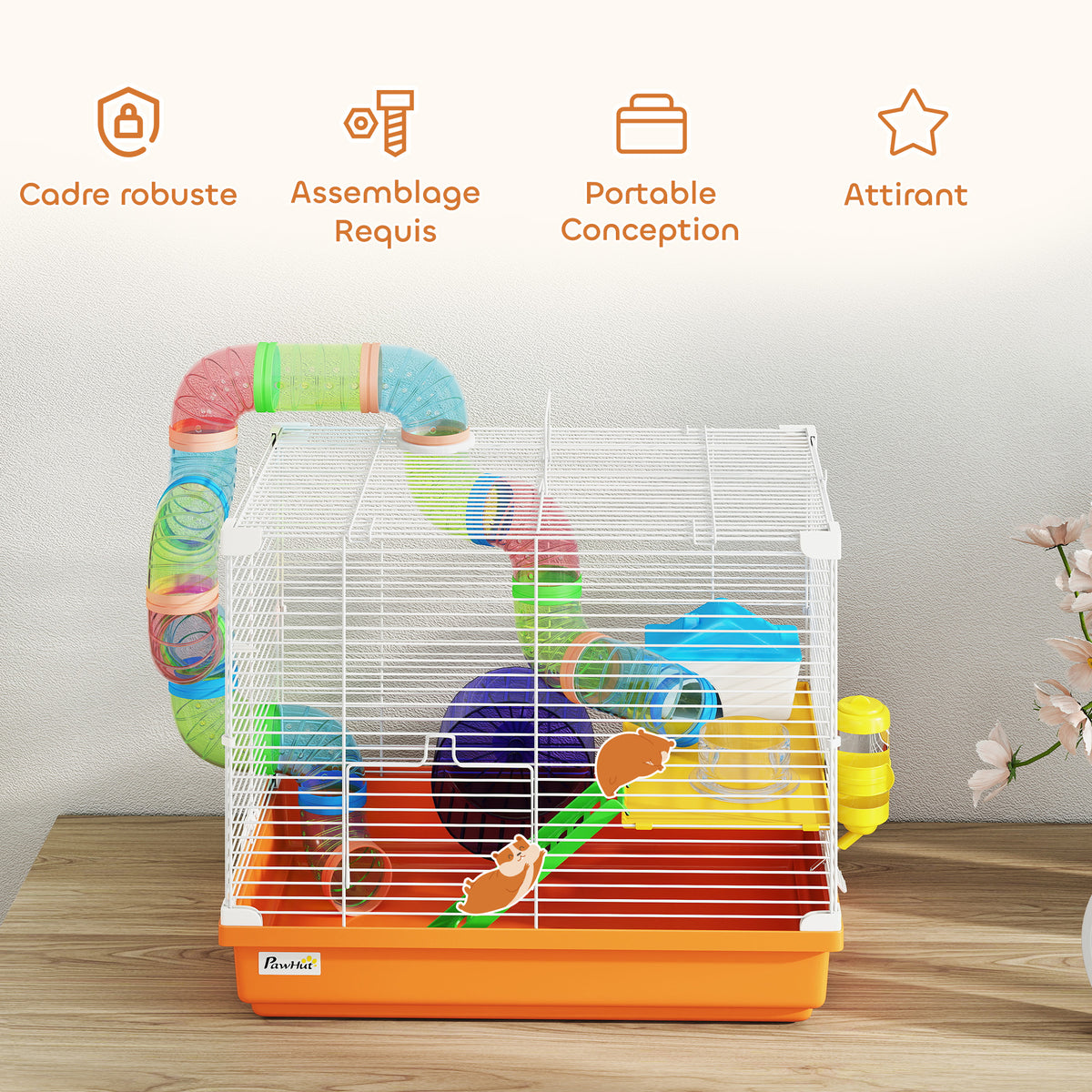 Cage à Hamster Rongeur 2 Niveaux avec Tunnel, Biberon d'Eau, Roue, Maisonnette, Échelles, 46 x 30 x 37 cm, Orange