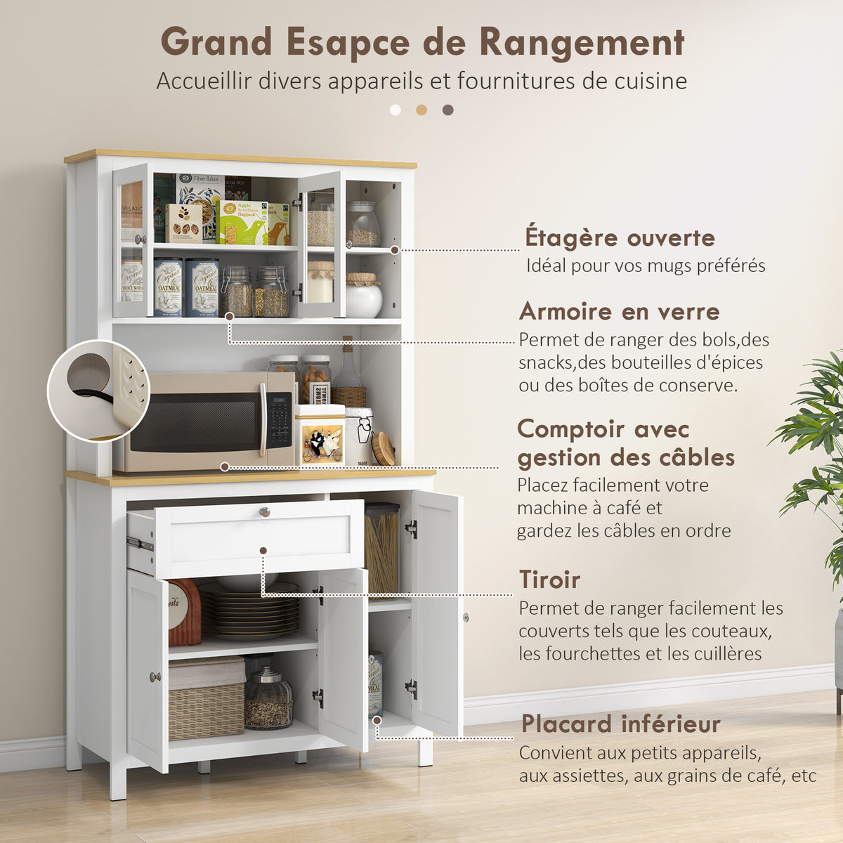 Buffet de cuisine haut 5 portes dont 2 portes vitrées et 1 tiroir, 1 niche centrale - hauteur 180 cm blanc