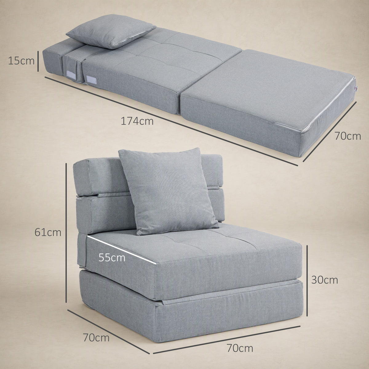 Chauffeuse canapé-lit convertible fauteuil 1 place avec 1 coussin déhoussable, tissu gris clair