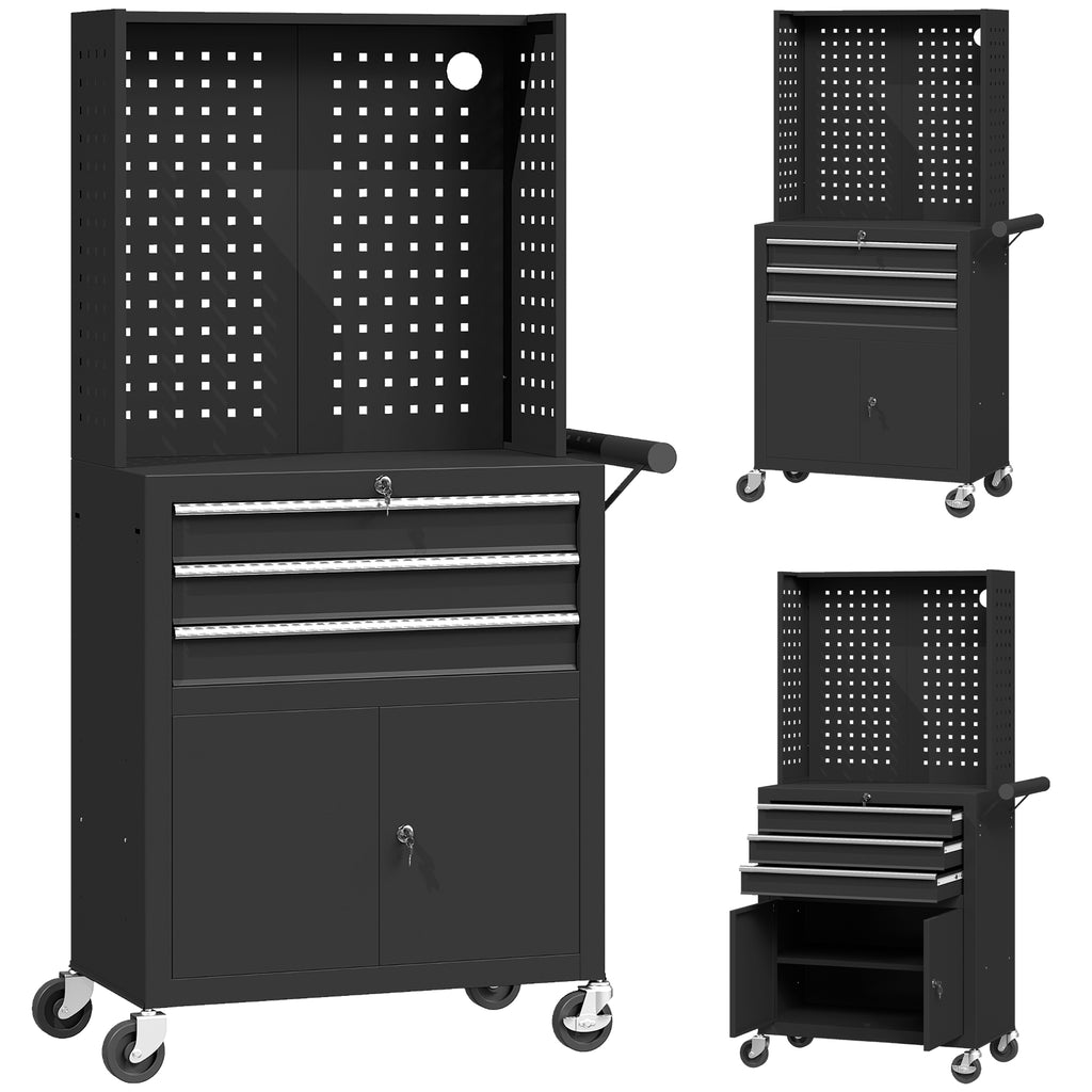 Servante d'atelier en acier à 3 tiroirs, chariot à outils sur roulettes, étagère réglable, panneau perforé, noir