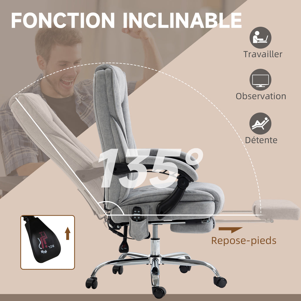 Fauteuil de bureau massant et chauffant hauteur réglable dossier inclinable télécommande repose-pieds rétractable gris