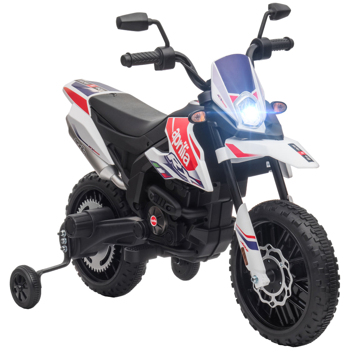 Moto électrique enfants sous licence Aprilia avec 2 moteurs 12V, roues d'entraînement, lumière LED, musique - blanc