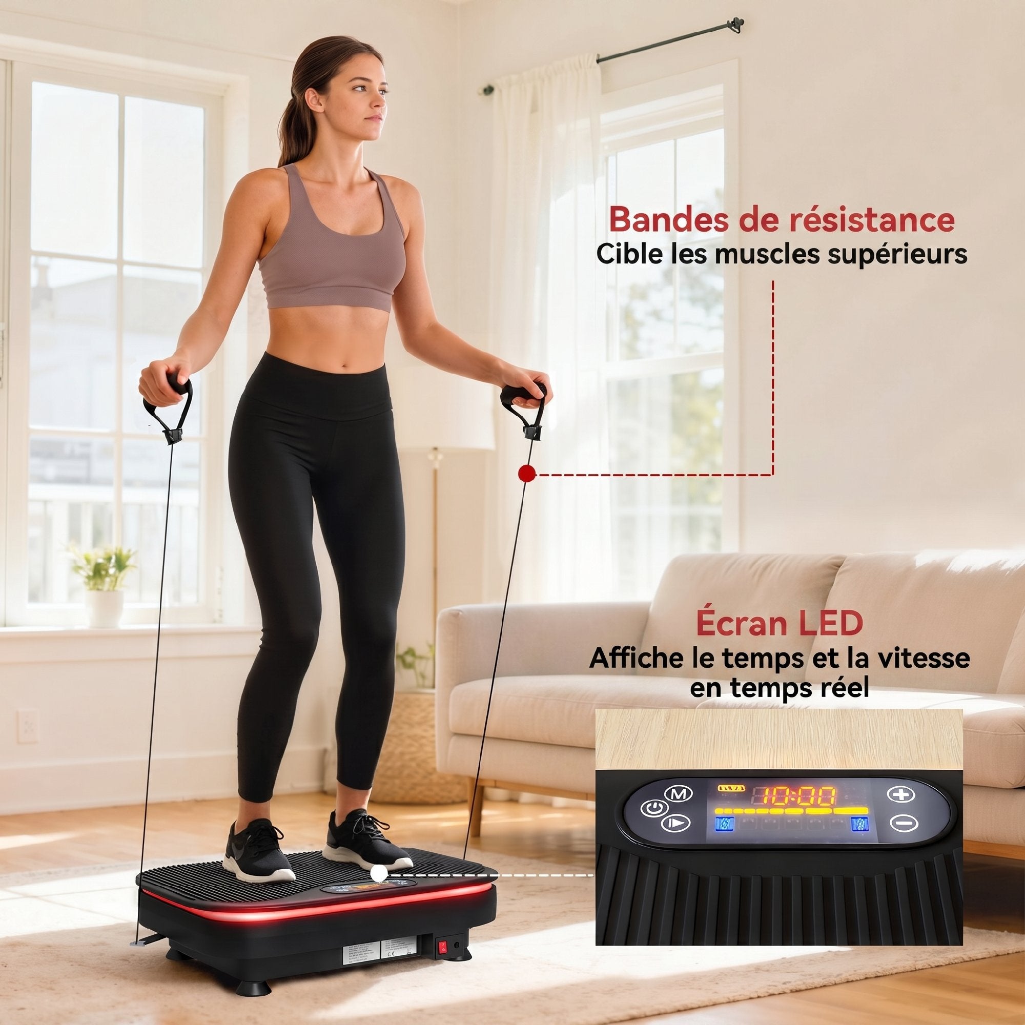 Plateforme Vibrante avec Lumières, Bluetooth, 3 Programmes, 99 Vitesses, Télécommande, Écran LED, 47x32x12cm, Noir