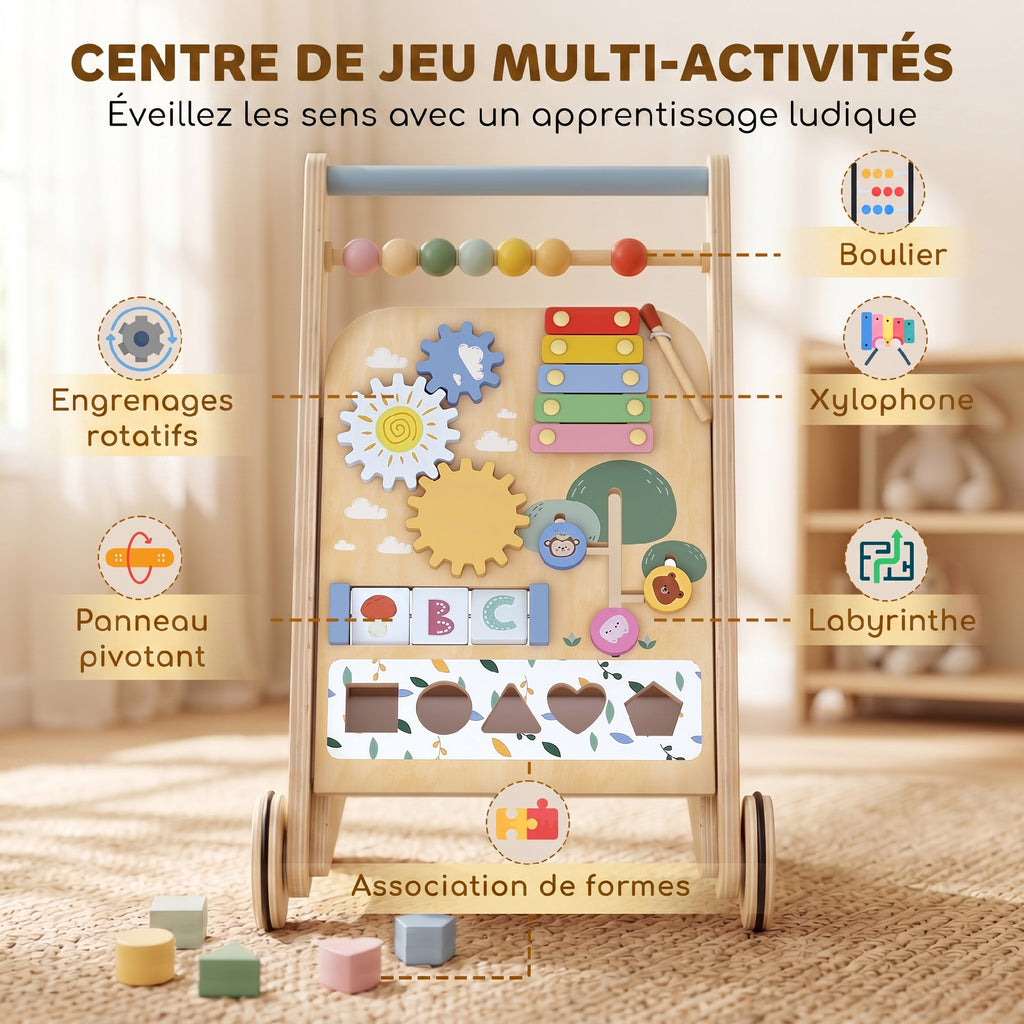 Trotteur Bebe en Bois, Chariot de Marche Bébé avec Centre d'Activités, Vitesse Réglable et 5 Blocs, dès 18 Mois, Naturel
