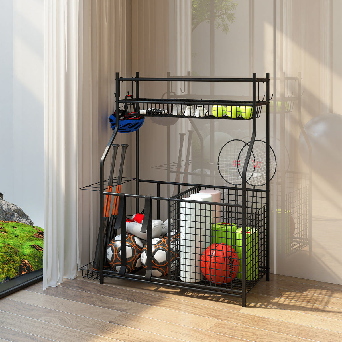 Rangement d'équipements de sport, avec paniers, crochets amovibles, sangles élastiques, 92 x 42 x 109 cm, noir