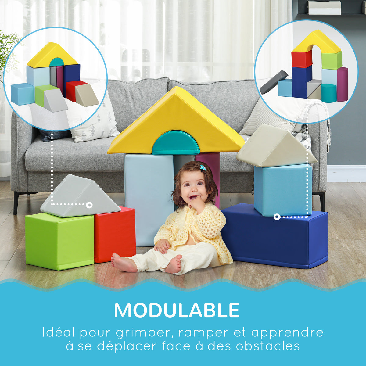 Parcours de motricité bébé 11PCS, module motricité bébé en mousse avec housse en polyuréthane et remplissage en EPE, multicolore