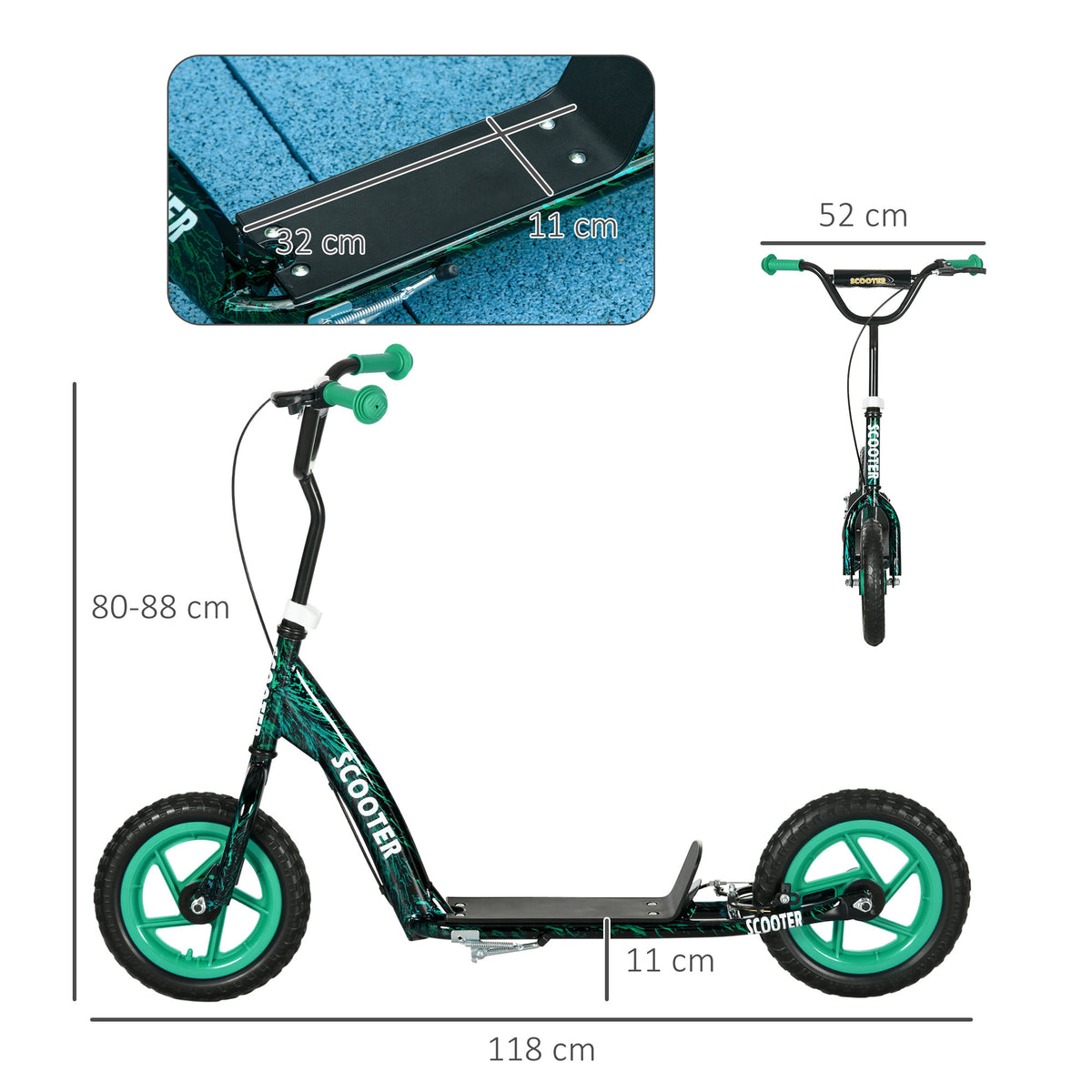 Trottinette patinette scooter enfant grandes roues de 6 à 12 ans hauteur réglable frein arrière béquille vert