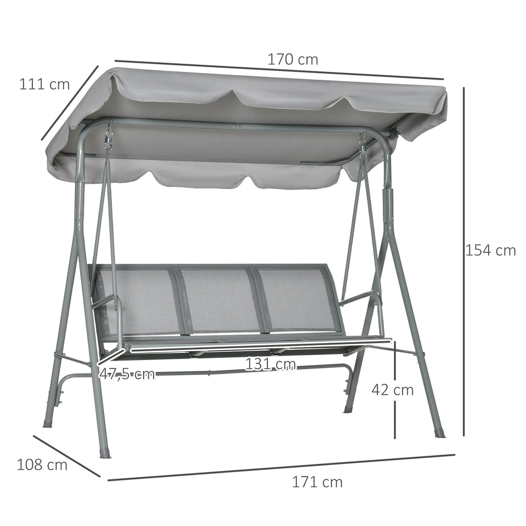 Balançoire de jardin 3 places Hollywoodschaukel avec toit en métal gris+argent 170 x 110 x 153 cm