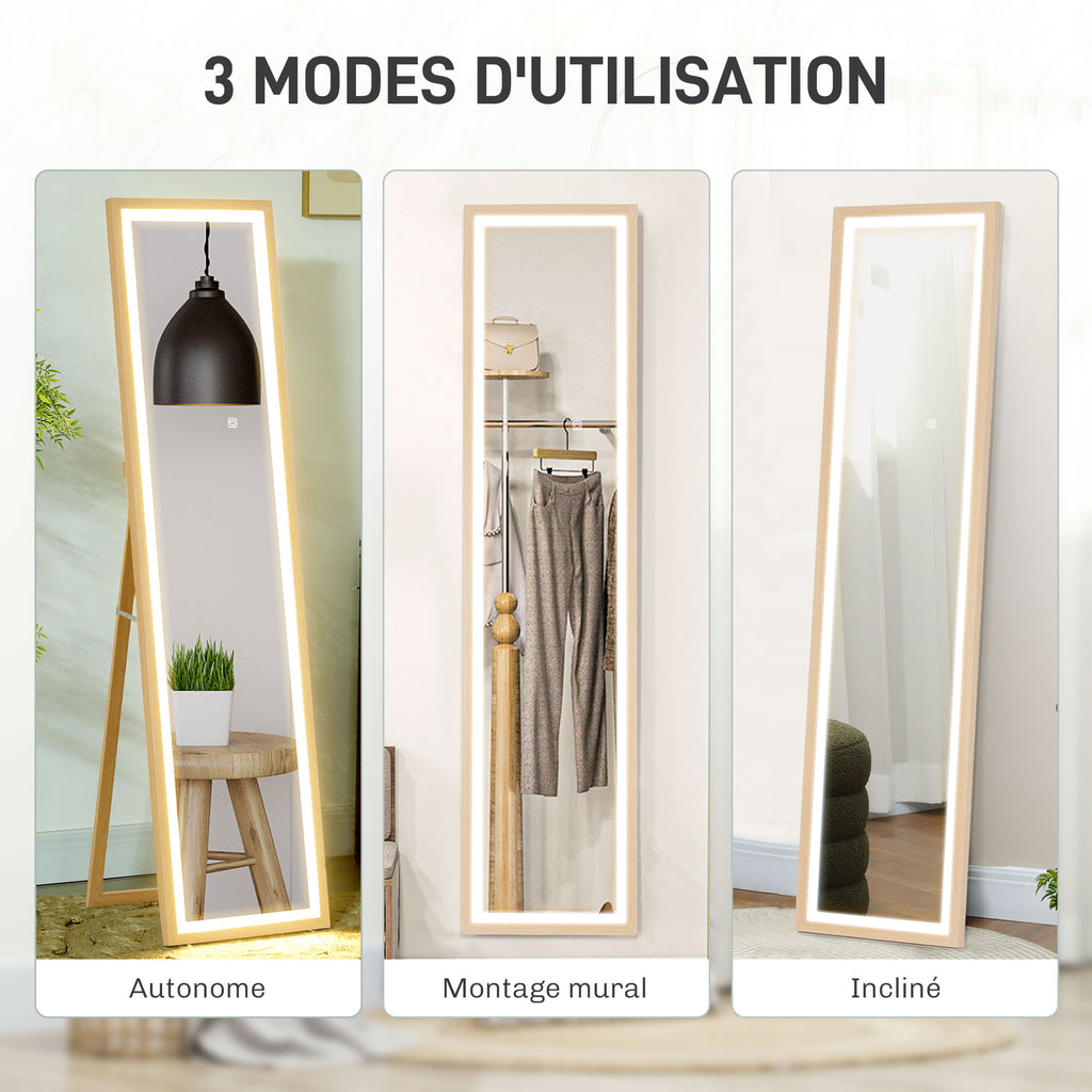 Grand miroir pleine longueur, miroir mural ou sur pied rectangulaire, 40 x 160 cm avec éclairage LED 3 couleurs, chêne