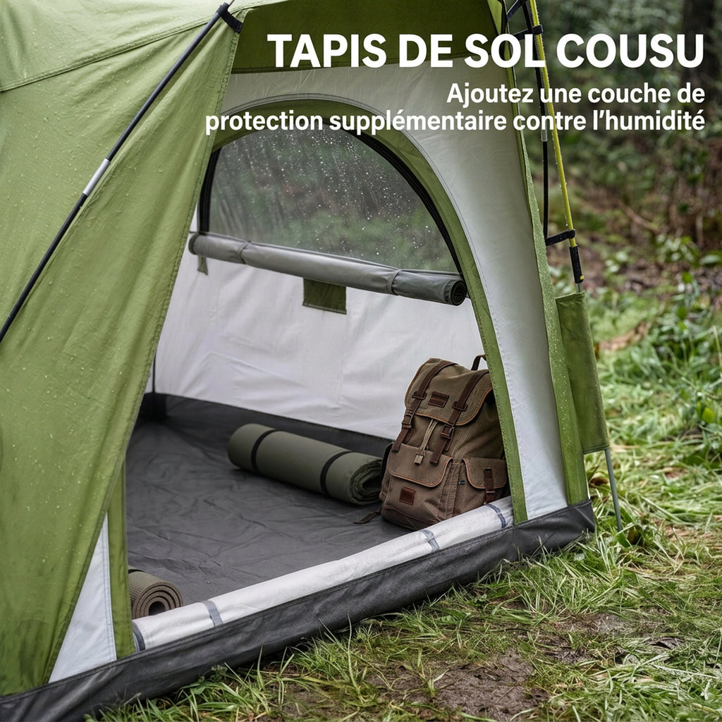 Tente de camping pop-up 3 personnes, dôme familiale avec 4 portes, 4 fenêtres et sac de transport – Vert et gris