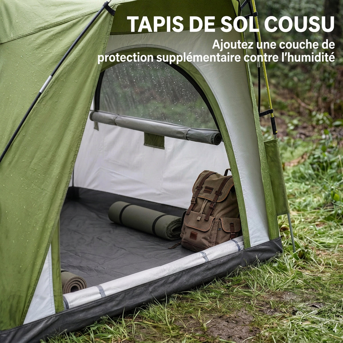 Tente de camping pop-up 3 personnes, dôme familiale avec 4 portes, 4 fenêtres et sac de transport – Vert et gris
