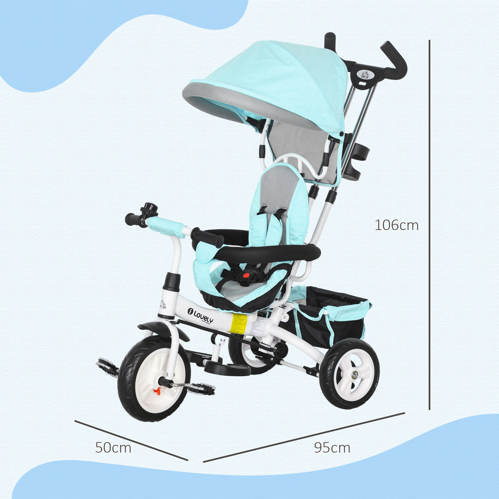 Tricycle 6 en 1 pour enfants, auvent, ceinture de sécurité 5 points, rangement, repose-pieds, frein, 1-5 ans, vert